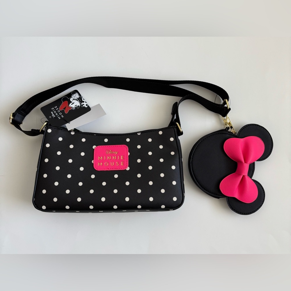 Bioworld Disney Minnie Mouse Black Polka Dot Crossbody Coin Pouch Set NWT